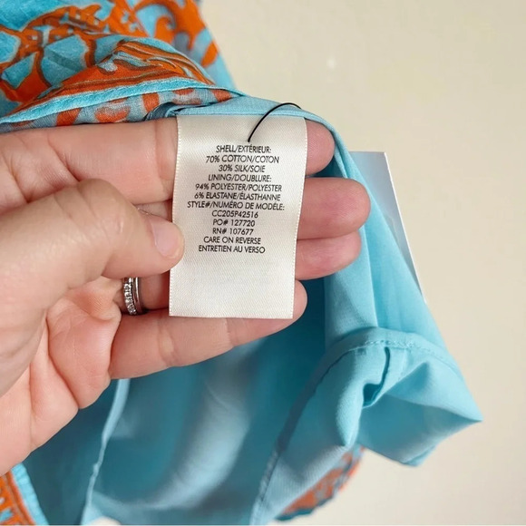 Alice + Olivia Rowen Tiered Long-Sleeve Tie Back Babydoll Dress Orange Blue NWT - Picture 5 of 7